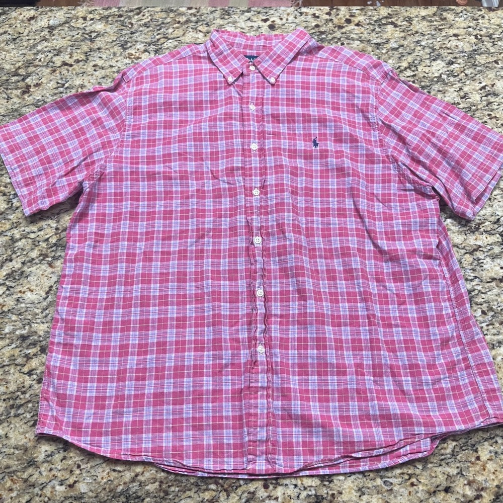 Ralph Lauren Monroe‎ Mens XL Pink Plaid Cotton Short Sleeve Button Down Shirt